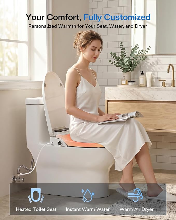 Smart Bidet Toilet Seat Round, KEETO Electric Heated Seat with Instant Warm Water, Warm Air Dryer, Front & Rear Wash, Oscillating Nozzle, Wireless Remote, Night Light, Soft Close Lid
