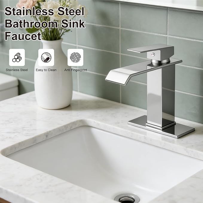 Midanya Waterfall Bathroom Sink Faucet 1 Hole,Polish Chrome | with cUPC Hoses,Pop Up Drain,Deck Plate,for 1 or 3 hole sink,Vanity,RV,Lavatory,Basin,Farmhouse,Stainless Steel,Single Handle