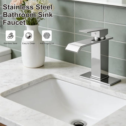 Midanya Waterfall Bathroom Sink Faucet 1 Hole,Polish Chrome | with cUPC Hoses,Pop Up Drain,Deck Plate,for 1 or 3 hole sink,Vanity,RV,Lavatory,Basin,Farmhouse,Stainless Steel,Single Handle