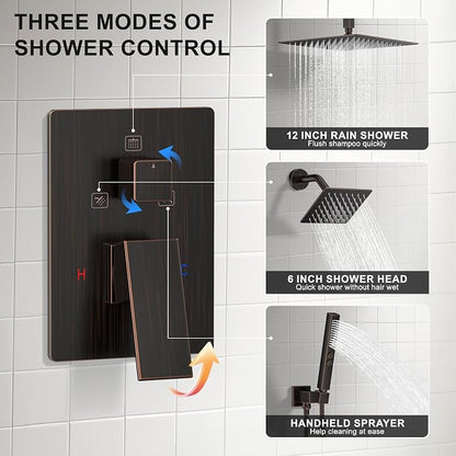 Rain Shower System 12" & 6" Dual Shower Heads Ceiling Shower Faucet Set | Ideal for bathroom remodels and upgrades with 12" rain shower, 6" angled shower, handheld spray and complete valve kit.
