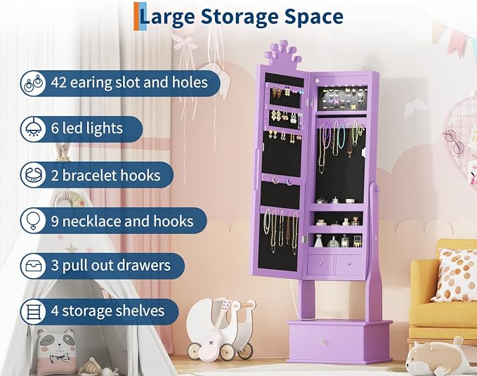 GarveeHome Kids Jewelry Armoire,Child Jewelry Cabinet with Led Light,Freestanding Jewelry Organizer with Full-Length Mirror,3 Storage Drawers,Kids Vanity Dress Up Mirror Cabinet for Girls（Purple）