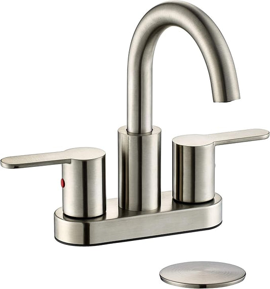 2 Handle Centerset Bathroom Sink Faucet Brushed Nickel with Drain Assembly, High Arc Modern 4 Inch Bathroom Vanity Lavatory Faucet 3 Holes with Brass 360° Swivel Spout, TAF067E-BN