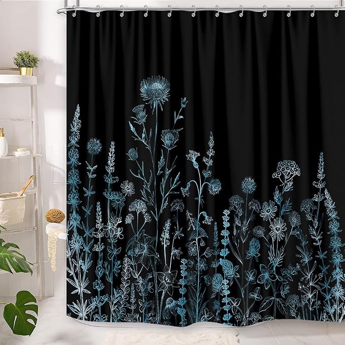 Vintage Black and Blue Boho Shower Curtain, Black and Green Floral Aesthetic Dark Wildflower Botanical Flowers Shower Curtain for Bathroom with Hook, Farmhouse Plant Art Chic Shower Curtain 72X72