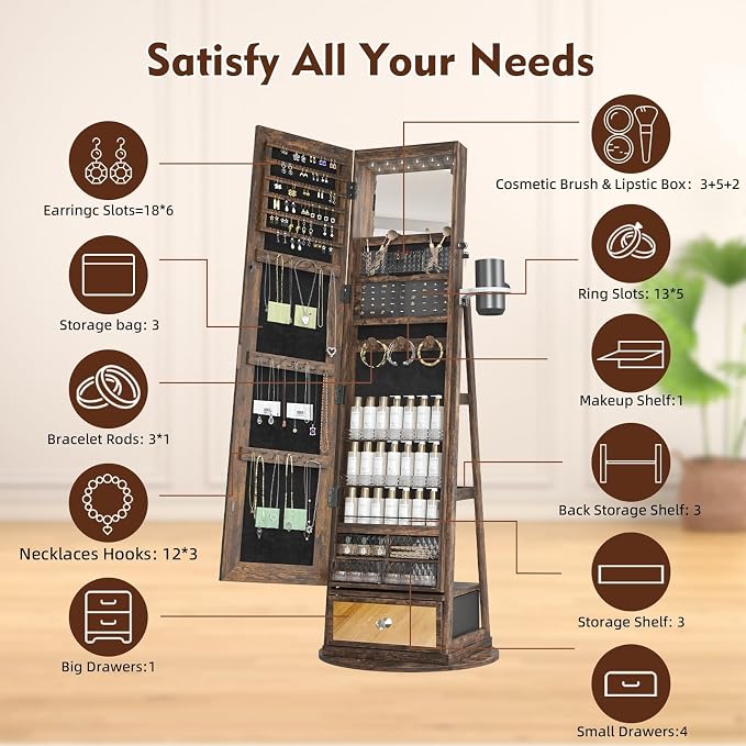 360° Swivel Jewelry Cabinet Standing Full-Length Jewelry Armoire | with Lights Standing Jewelry Armoire Organizer Foldable Makeup Shelf, Coffee