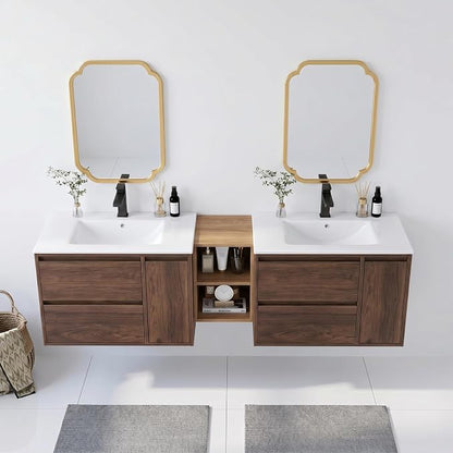 72 Modern Floating Double Sink Bathroom Vanity, Wall-Mounted with Seamless Ceramic Top, Rounded Corners, Full-Extension Soft-Close Drawers & Concealed Drainage (Wood color, 72 inch)