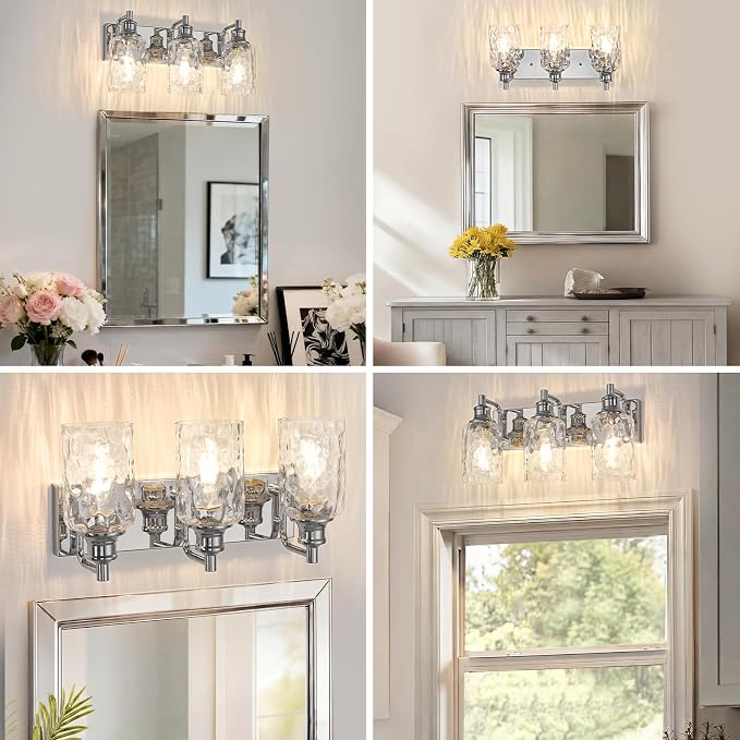 Bathroom Light Fixtures Over Mirror, 3 Lights Vanity Lights with Hammered Glass Shade, 17.8" Chrome Farmhouse Bathroom Light Fixtures for Bedroom, Porch, Hotel, Mirror Cabinet