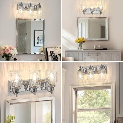 Bathroom Light Fixtures Over Mirror, 3 Lights Vanity Lights with Hammered Glass Shade, 17.8" Chrome Farmhouse Bathroom Light Fixtures for Bedroom, Porch, Hotel, Mirror Cabinet