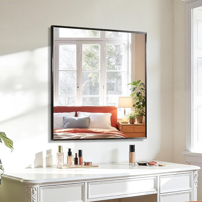 Koonmi Bathroom Mirror for Wall, 28"x32" Black Bathroom Mirror for Over Sink, Shatterproof Tempered Glass Vanity Mirror with Anti-Rust Aluminum Alloy Frame, Hang Horizontally or Vertically