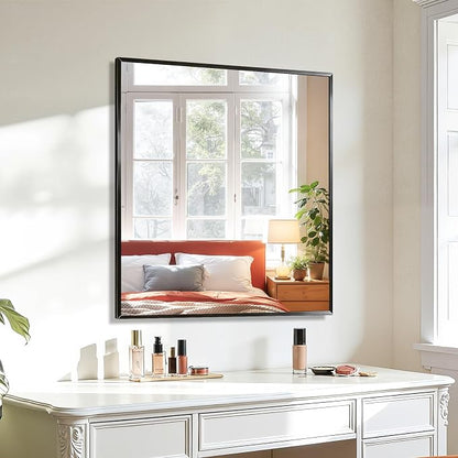 Koonmi Bathroom Mirror for Wall, 28"x32" Black Bathroom Mirror for Over Sink, Shatterproof Tempered Glass Vanity Mirror with Anti-Rust Aluminum Alloy Frame, Hang Horizontally or Vertically