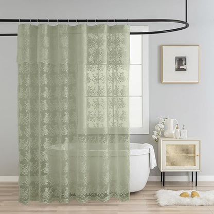 TUDECO Sage Green Shower Curtain with Attached Valance, 72 x 72, 1 Panel | Delicate Lace, Rustic Green Floral, Farmhouse Bathroom Decor, Brightens Space, Gentle Privacy, Scalloped Edges