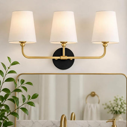 3-Light Black and Gold Bathroom Vanity Light, White Fabric Shades | Ideal for 28-38" mirrors, 24.5" bathroom light fixtures over mirror, upward only, E26 base, bulbs not included, VL837-KG-3