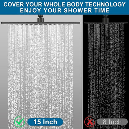 Matte Black Shower Faucet Set Rainfall 15 Inch Thickened Shower Head and Handle Set Bathroom Shower System Wall Mounted Shower Fixture Include Shower Valve and Trim Kit