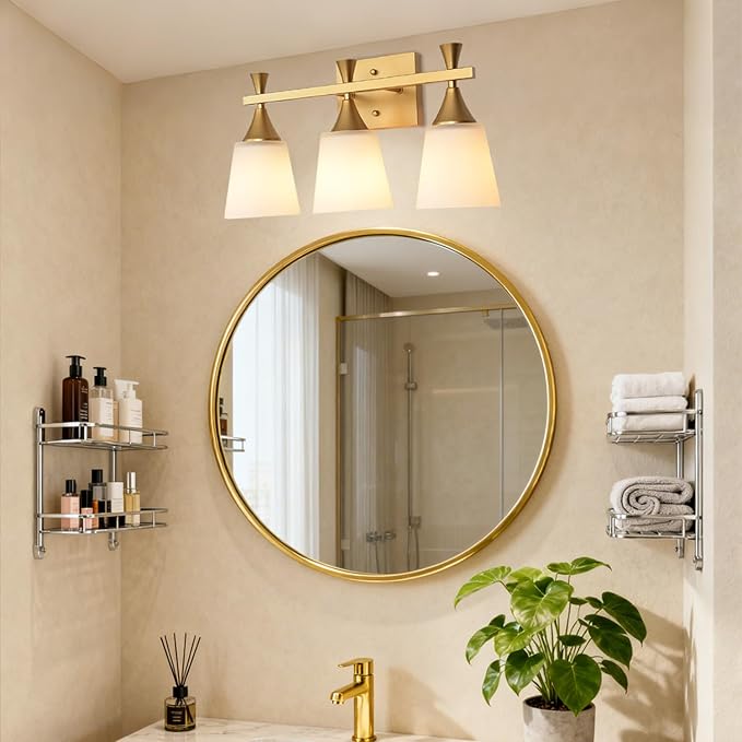 3 Light Modern Bathroom Vanity Light, Milk Glass Wall Light Fixtures Over Mirror, Brushed Gold Vanity Lighting for Bathroom, Living Room, Bedroom, E26 Base (Exclude Bulb)