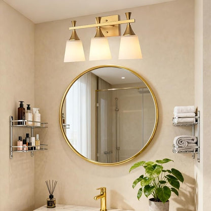 3 Light Modern Bathroom Vanity Light, Milk Glass Wall Light Fixtures Over Mirror, Brushed Gold Vanity Lighting for Bathroom, Living Room, Bedroom, E26 Base (Exclude Bulb)