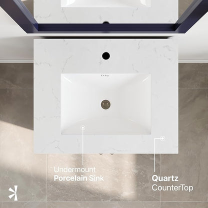 Eviva London 24 in. Blue Single Sink Bath Vanity with Carrara Quartz Top and Undermount Porcelain Sink
