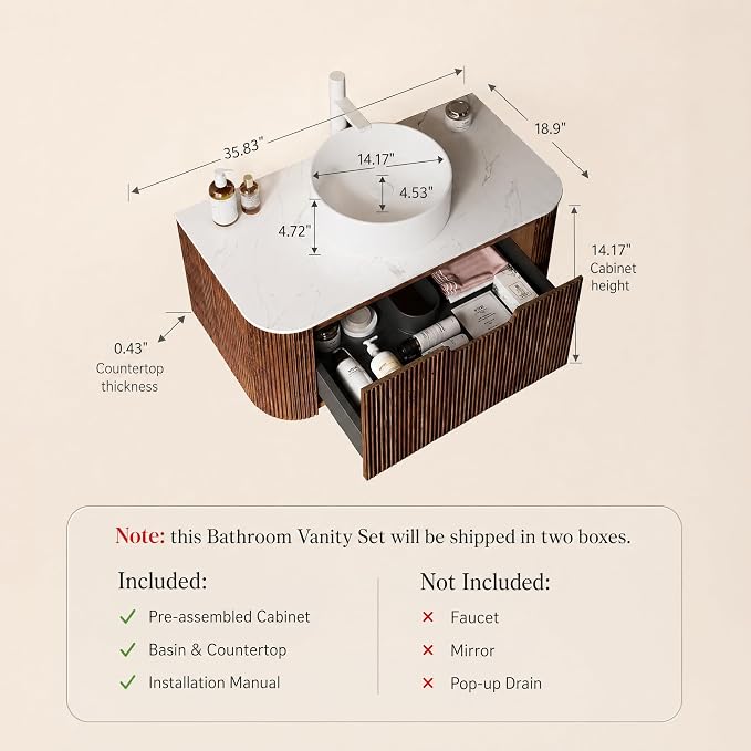 36 Inch Bathroom Vanity with Sink, Floating Wall Mounted Single Sink Vanity, Dark Walnut Curved Fluted Front, Stone Top, Pure White Round Vessel Basin, Pre-Assembled