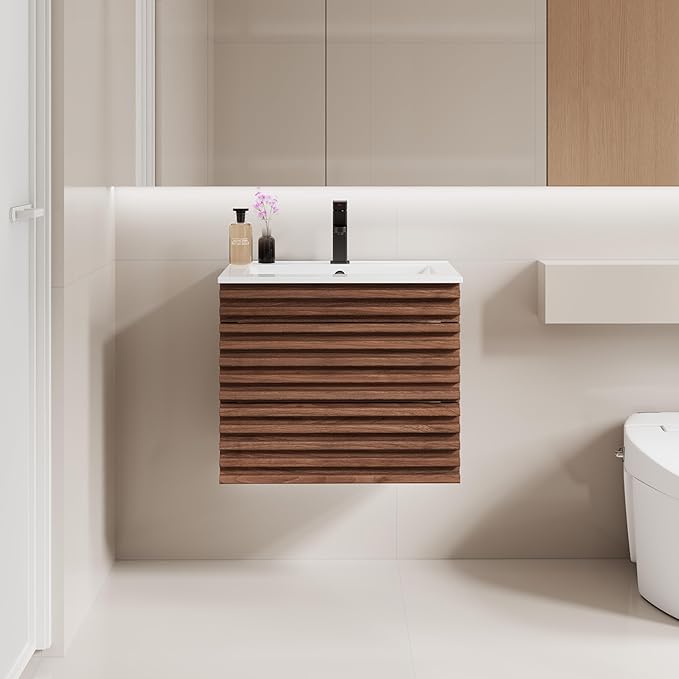 LUCKWIND 24" Floating Bathroom Vanity with Sink, Mid-Century Wall Mounted Big Drawer Cabinet with Ceramic Sink, Water Saving Faucet and Wood Stripes Style, Walnut