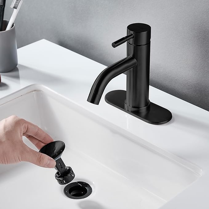 Single Hole Bathroom Sink Faucet Matte Black, Modern Single Handle Bathroom Faucet Commercial Stainless Steel Basin Faucet with Drain