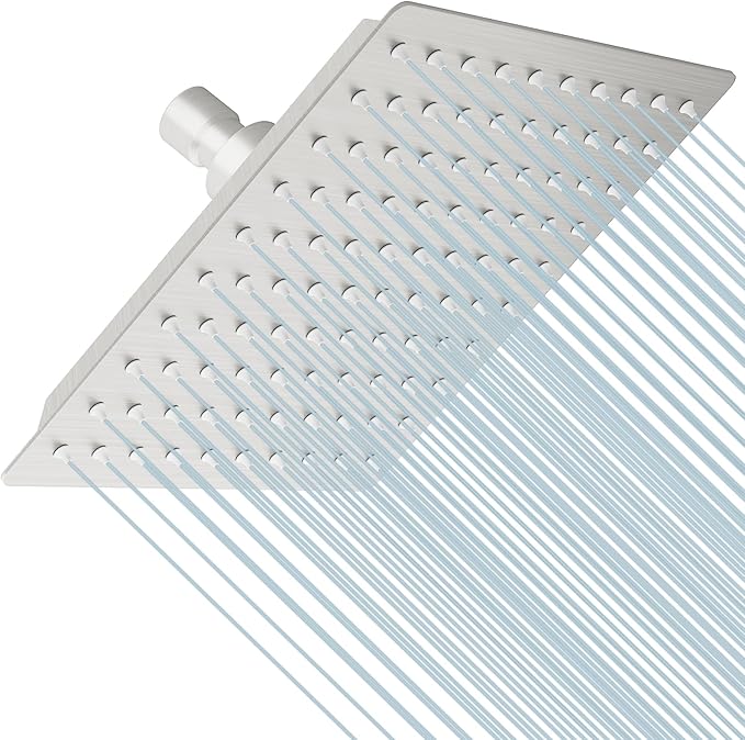 8 Inch Rainfall Shower Head, SUS304 Stainless Steel Brushed Nickel | Square Rain Bathroom Showerhead, High Flow, Large Stainless Steel, Ceiling Mounted, Wall Mounted, Waterfall Full Body
