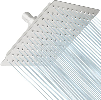 8 Inch Rainfall Shower Head, SUS304 Stainless Steel Brushed Nickel | Square Rain Bathroom Showerhead, High Flow, Large Stainless Steel, Ceiling Mounted, Wall Mounted, Waterfall Full Body