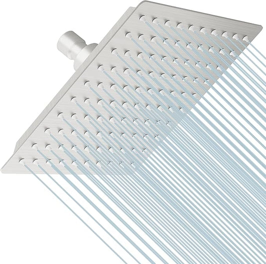 8 Inch Rainfall Shower Head, SUS304 Stainless Steel Brushed Nickel | Square Rain Bathroom Showerhead, High Flow, Large Stainless Steel, Ceiling Mounted, Wall Mounted, Waterfall Full Body