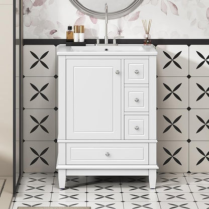 Bathroom Vanity with Ceramic Sink 24 Inch, Cabinet with One Door and Three Drawers, Soft-Closing Door, Solid Wood Legs, White