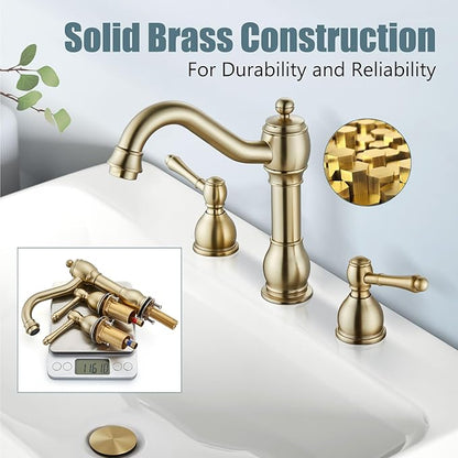Aolemi 8 Inch Widespread Bathroom Sink Faucet 3 Hole Deck Mount Vanity Basin Mixer Tap with Pop Up Drain Assembly Brushed Gold Double Lever Handle