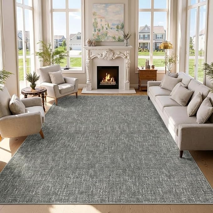 Garvee Washable Rug 9x12 Modern Solid Color Area Rugs for Living Room,Grey | Non Slip Non Shedding Neutral Textured Stain Resistant Low Pile Minimalist Rug for Dining Room Nursery Bedroom