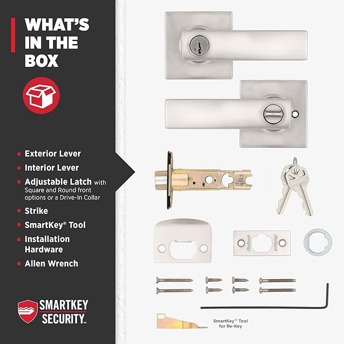 Kwikset Breton Entry Door Handle with Lock and Key, Secure Keyed Reversible Lever Exterior, For Front Entrance and Bedrooms, Satin Nickel , Pick Resistant Smartkey Rekey Security and Microban