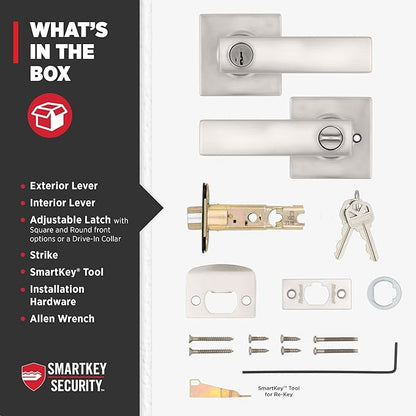 Kwikset Breton Entry Door Handle with Lock and Key, Secure Keyed Reversible Lever Exterior, For Front Entrance and Bedrooms, Satin Nickel , Pick Resistant Smartkey Rekey Security and Microban