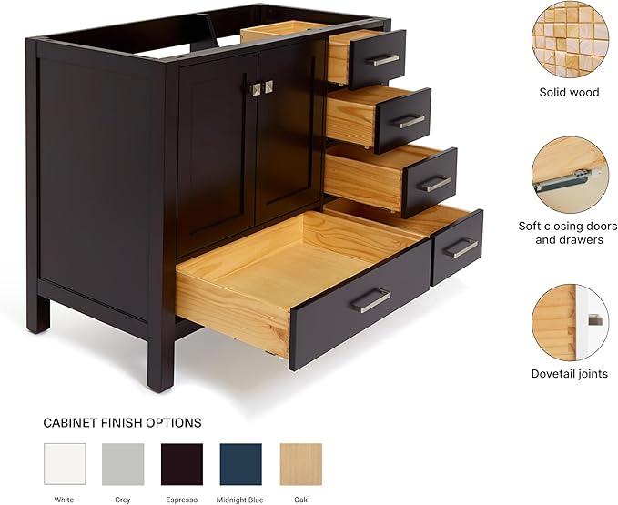 ARIEL Cambridge 42-inch Bathroom Vanity Base Cabinet,Solid Wood, 2 Soft Closing Doors, 5 Dovetail Drawers, Espresso