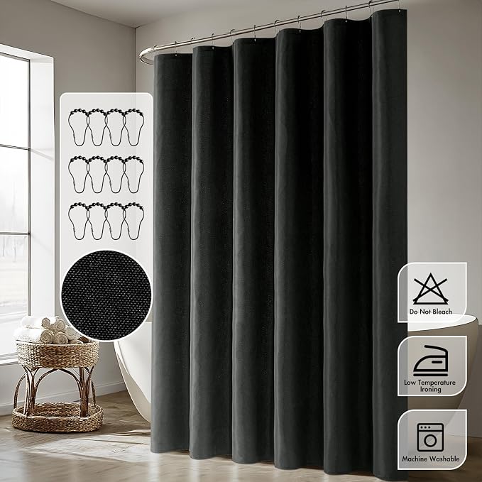 ANRODUO Black Extra Long Linen Fabric Shower Curtain Set - W72xL96 | Farmhouse Shower Curtain with 12 Metal Hooks, Waterproof Heavy Duty, Button Hole Design, Machine Washable for Bathroom