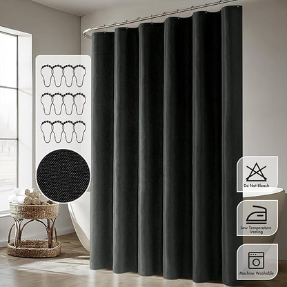 ANRODUO Black Extra Long Linen Shower Curtain, 108 Inch Long Heavy Duty Fabric Shower Curtain Set with 12 Metal Hooks, Waterproof Decor Machine Washable for Bathroom Bathtub Hotel, 72 x 108