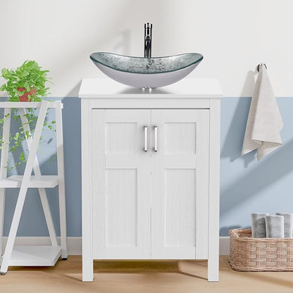 YOURLITE 24" Bathroom Vanity with Sink, White Bathroom Vanity and Sink Combo with Faucet & Pop Up Drain Set,Traditional Vanity with Blue Glass Boat Bathroom Sink