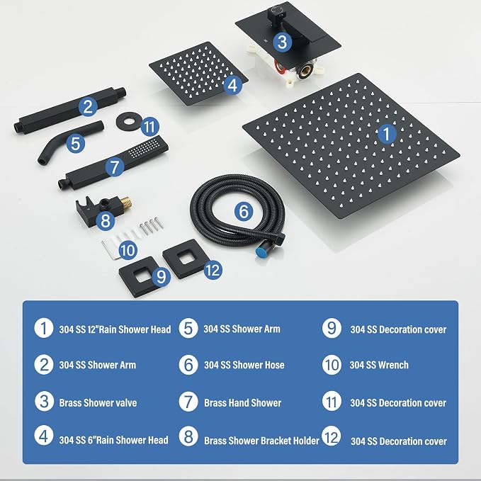 Shower Faucet Matte Black Shower System with 12" Celing+6" Wall Dual Rain Shower Head with Handheld Spray,Bathroom Luxury Brass Shower Valve with Shower Diverter Kit Shower Faucet Set Complete