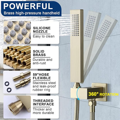 Dual Shower Heads Shower System with 16" Ceiling Mounted Rain Shower Head & 6" Wall Mounted Head Full Body Shower System 3 Way Thermostatic Shower Valve Can All Run Together, Brushed Gold