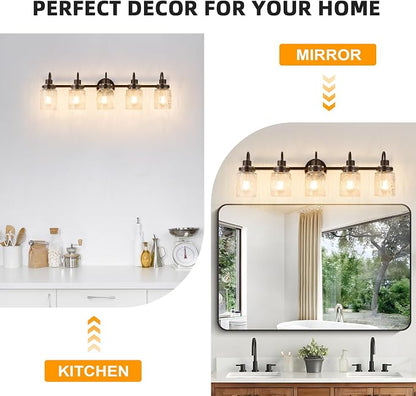 5 Lights Bathroom Vanity Light, Oil Rubbed Bronze Bathroom Light Fixtures with Hammered Glass Lampshade for Dressing Table,Over Mirror,Hallway