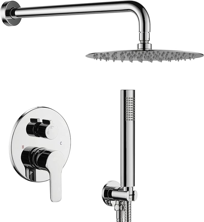 TIPOK Shower System with Rain Shower and Handheld, Bathroom Chrome Shower Faucet with High Pressure, Round Rain Shower Trim Kit
