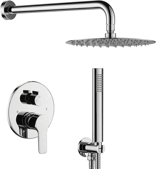 TIPOK Shower System with Rain Shower and Handheld, Bathroom Chrome Shower Faucet with High Pressure, Round Rain Shower Trim Kit
