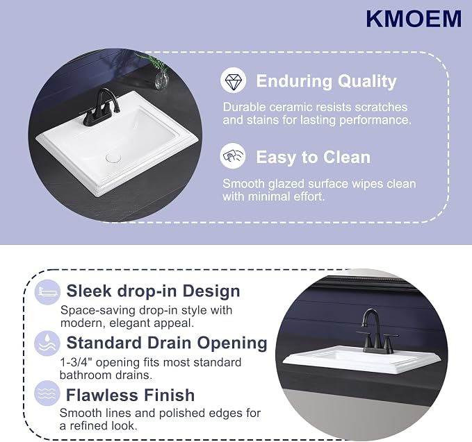 23.2"x18.3" Drop In Bathroom Sink with 3 Faucet Holes - 4 Inch Centerset Semi Recessed Rectangular Vessel Sink White Porcelain Ceramic with Overflow and Three 1.18" Faucet Holes for Vanity Top