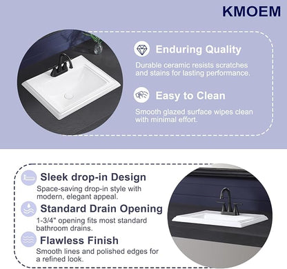 23.2"x18.3" Drop In Bathroom Sink with 3 Faucet Holes - 4 Inch Centerset Semi Recessed Rectangular Vessel Sink White Porcelain Ceramic with Overflow and Three 1.18" Faucet Holes for Vanity Top