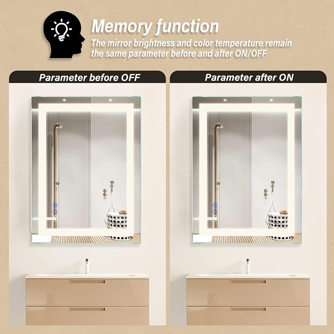 36"x 28" LED Bathroom Mirror with Light | Anti-Fog+Dimmable+Color Temperature Adjustable+Memory Function Led Wall Mirror for Bathroom, Vanity (Vertical/Horizontal)
