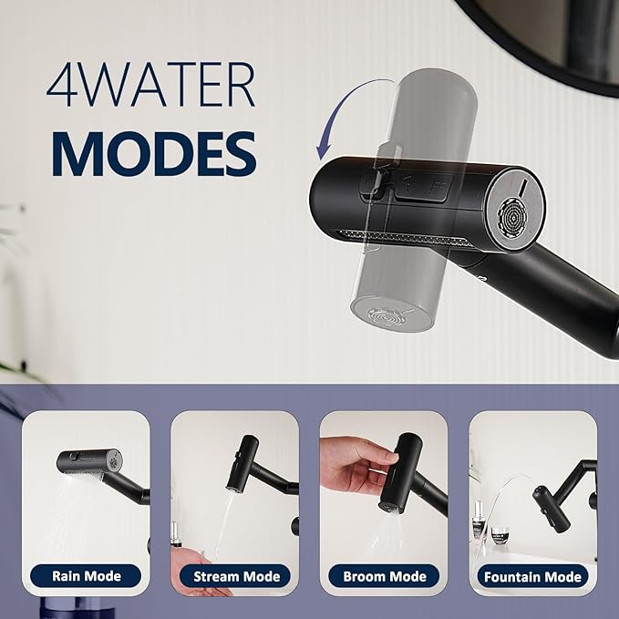 360°Rotatable Bathroom Faucet, 1 Hole Single Handle Bathroom Faucet, Bathroom Sink Faucet with 4 Water Outlet Modes for Kitchen Rv Bath Lavatory Sink, Matte Black