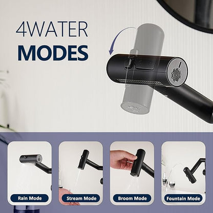360°Rotatable Bathroom Faucet, 1 Hole Single Handle Bathroom Faucet, Bathroom Sink Faucet with 4 Water Outlet Modes for Kitchen Rv Bath Lavatory Sink, Matte Black