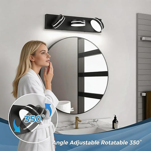 Vanity Lights for Bathroom, Matte Black Bathroom Light Fixtures Over Mirror, 3-Light Modern LED Wall Sconce Makeup Lighting, 350° Rotatable, Dimmable 6000K Cool White, Hardwired
