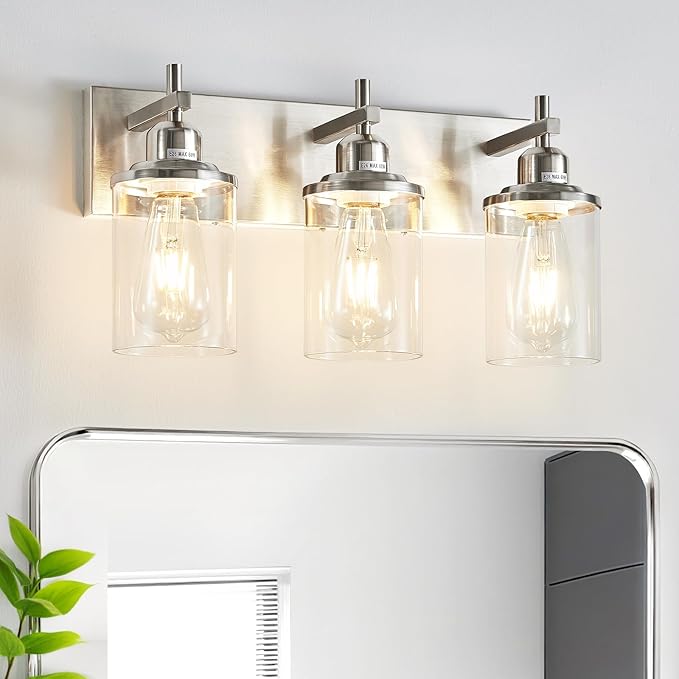3-Light Brushed Nickel Bathroom Light Fixture Over Mirror Modern Bathroom Vanity Light Vintage Wall Lighting with Clear Glass Shade for Bathroom, Bedroom, Hallway, Cabinet