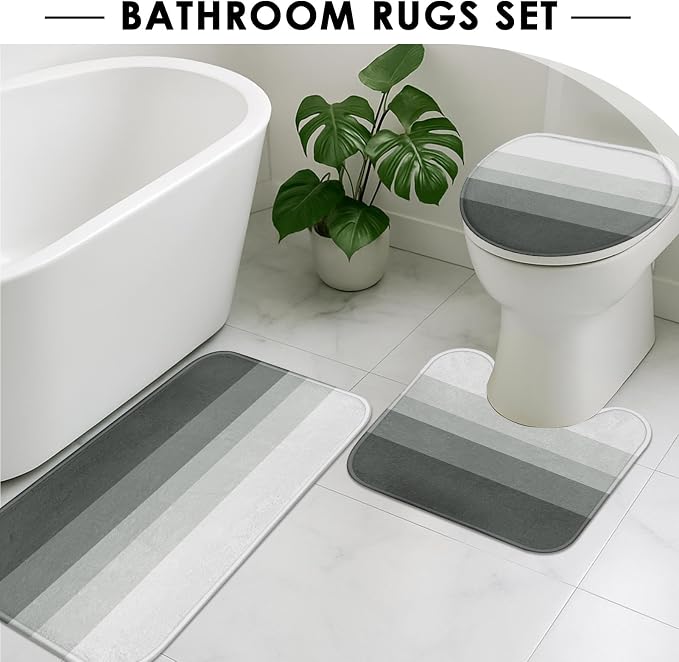 Bathroom Sets with Shower Curtain and Rugs, 4 Pcs Ombre Striped | Minimalist Neutral Modern Bathroom Decor Set with Toilet Lid Cover, Non-Slip Bath Mats and Accessories 12 Hooks
