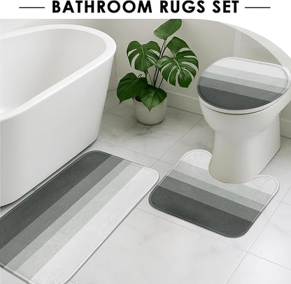 Bathroom Sets with Shower Curtain and Rugs, 4 Pcs Ombre Striped | Minimalist Neutral Modern Bathroom Decor Set with Toilet Lid Cover, Non-Slip Bath Mats and Accessories 12 Hooks