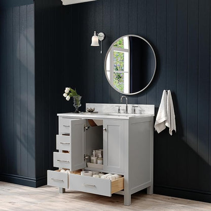 ARIEL Cambridge 36-inch Bathroom Vanity with Sink,Solid Wood, 0.75-inch Italian Carrara Marble Countertop, Single Rectangular Porcelain Sink, 2 Soft Closing Doors, 5 Dovetail Drawers, Grey