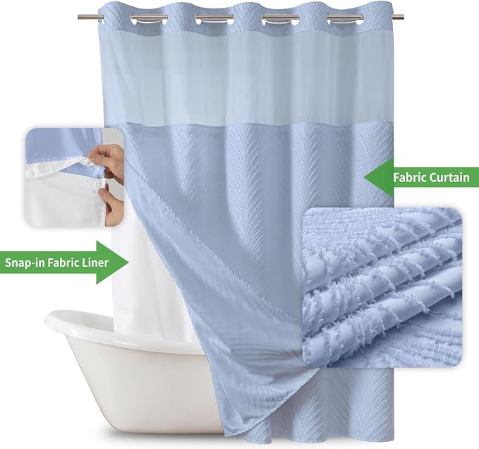 eachope no Hook Shower Curtain and Liner Set，Boho Style with See Through Top Window, Blue Fabric Tufted Striped Textured Outer Curtain & Waterproof Inner Liner, FrostBlue, 71Wx80H